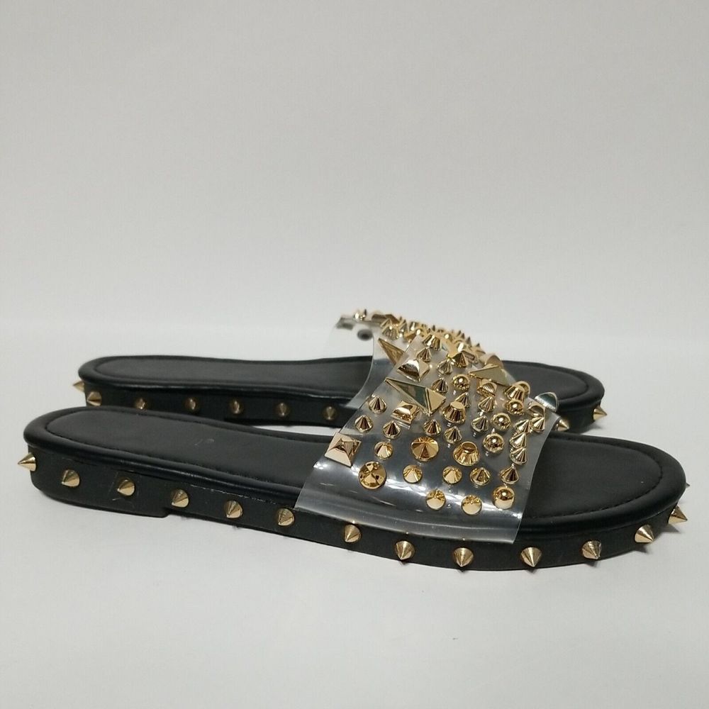 Studded pvc‎ Sandals Women's Black /Gold Size 8 Slip-On Shoes - Picture 2 of 7